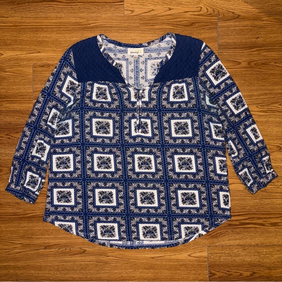 Anthropologie Porridge Belmar Blue Floral Geometric Print 3/4 Sleeve Blouse - Picture 2 of 13